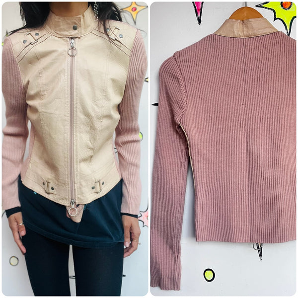 Y2K Pink Leather Jacket | Moto Rib Knit Hybrid Soft Grunge Fairy Ballet Core | S