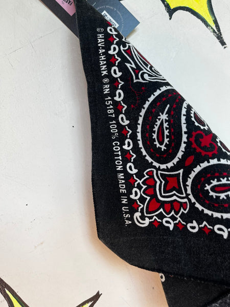 Vintage USA Made Classic Bandana Black Red Paisley 100% Cotton Americana 20x20