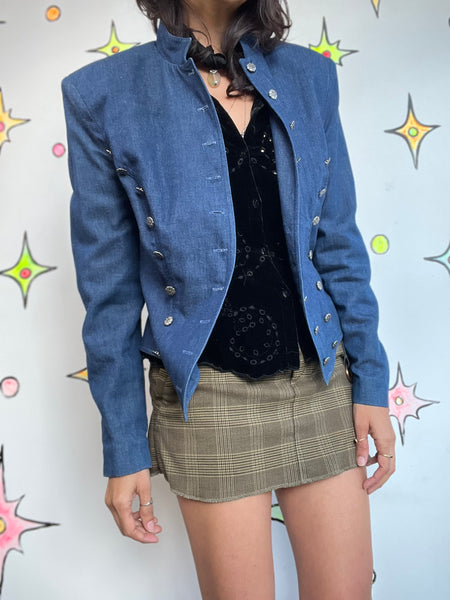 Vintage 90s / Y2K Blue Denim Military Boho Grunge Western Steampunk Jacket | S