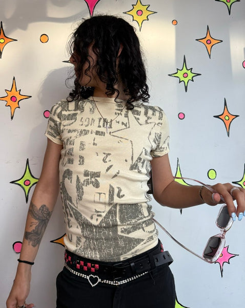 Hot Topic Star Print Tee Y2K Mall Goth Grunge Distressed Baby Tee XS