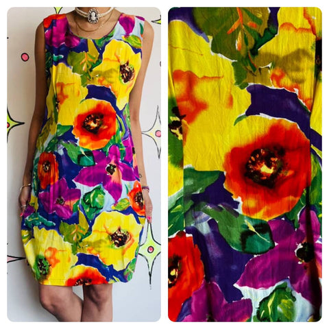 Vintage 80s 90s | Rainbow Floral Wearable Art Boho Grunge Mini Dress | Size XL