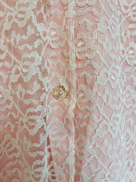 Vintage White Lace Pink Robe Victorian Romantic Babydoll Pegnoir Bed Jacket S/M