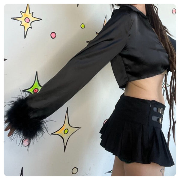 Black Wrap Crop Blouse with Feather Trim | Glam Goth Y2K Statement Top – M