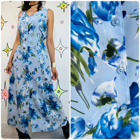 Vintage 90s Blue Floral Boho Cottagecore Fairy Grunge Maxi Dress – M/L
