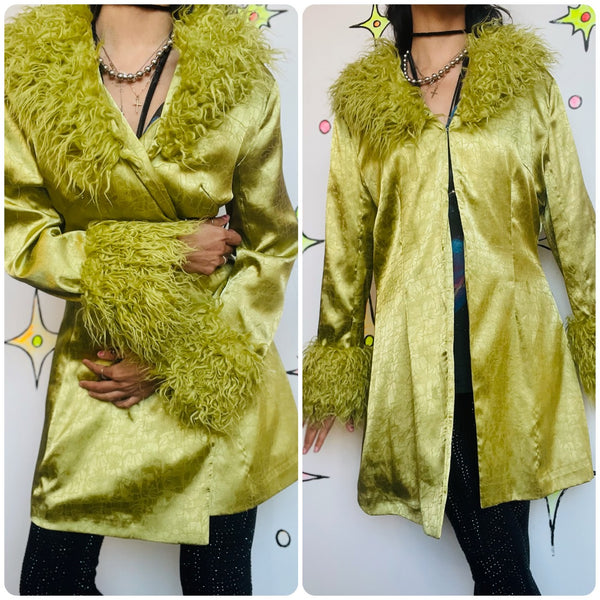 Vintage 90s Y2K Silky Lime Green Robe Boho Grunge Glam Coat w Faux Fur Trim - M