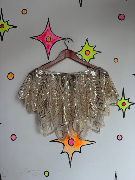 Vintage Gold Sequin Flapper Cape Art Deco Beaded Shrug Glam Festival Rave