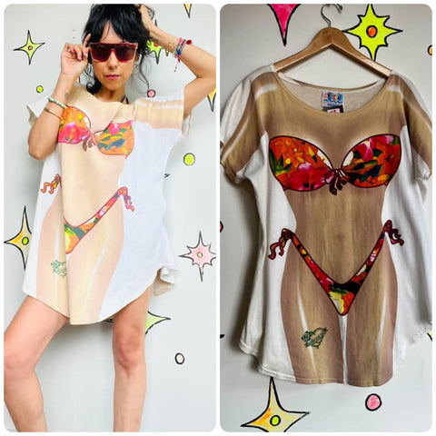 Vintage 90s | Bikini Tee T Shirt Cover Up Galveston Souvenir | Free Size