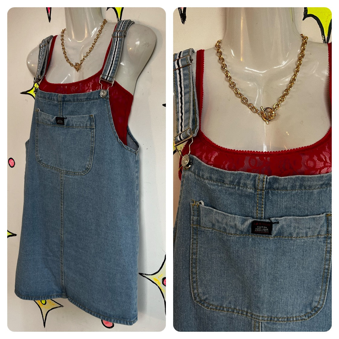 Vintage 90s | Denim Overall Dress Grunge Fruits Streetstyle Emo Mini Dress | M