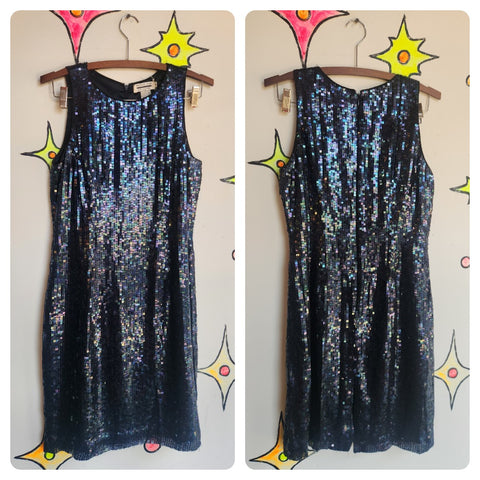 Vintage 90s | Navy Blue Silk Sequined Fully Beaded Party Dress | Size 4