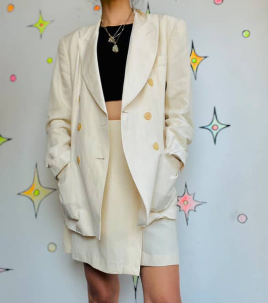 Vintage 90s DKNY Cream Linen Suit | Double Breasted Blazer & Mini Wrap Skirt | 4