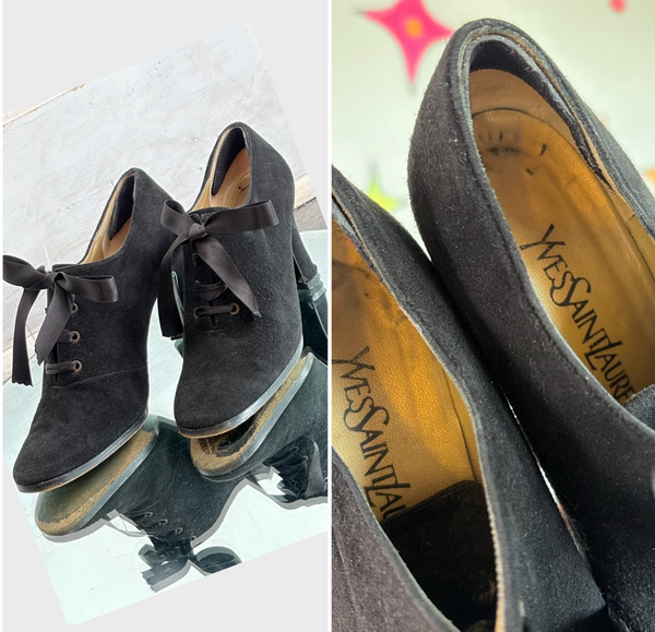 Vintage Yves Saint Laurent Black Suede Pumps 90s Victorian Heels Paris Chic 5.5