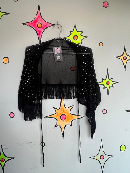 Sheer Black Rhinestone Fringe Capelet Western Gothic Flapper Glam Cover-Up