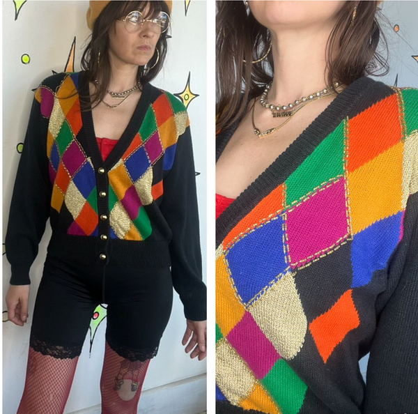 Rainbow Harlequin Cardigan Clowncore Sweater Beaded Deep V Button Front S/M