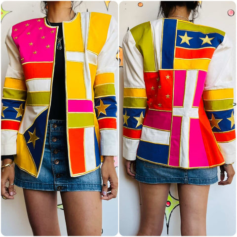 Vintage 80s 90s IBE Wearable Art Rainbow Blazer w Gold Stars - Patchwork – Sz 8