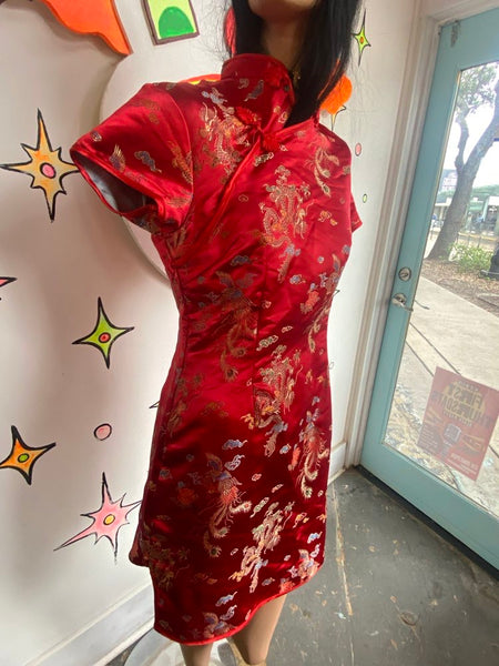 Vintage Red & Gold Satin Cheongsam Mini Dress Dragon Print Y2K Asian Inspired XL