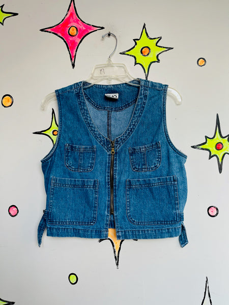 Vintage 90s Y2K Blue Denim Vest | Cropped Zip Up Grunge Utility Layering Top M