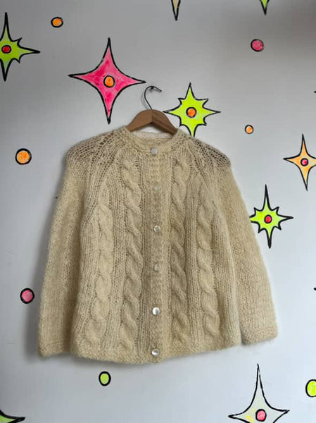 Vintage 50s Ivory Mohair Cardigan Sweater - Soft Cozy Retro Knit - Small