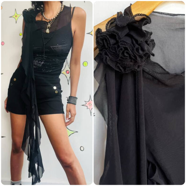 Vintage Y2K | Stretchy Black Whimsy Goth Sheer Mesh Grunge Fairy Top | S - M