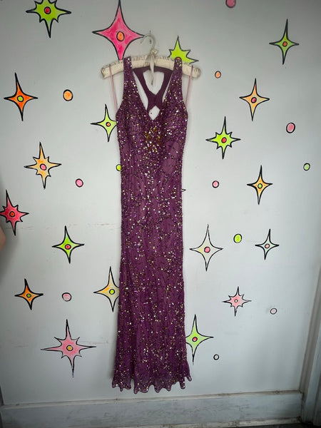 Vintage Y2K Glitter Glam Adrianna Papell Silk Fully Beaded Goddess Formal Gown 4
