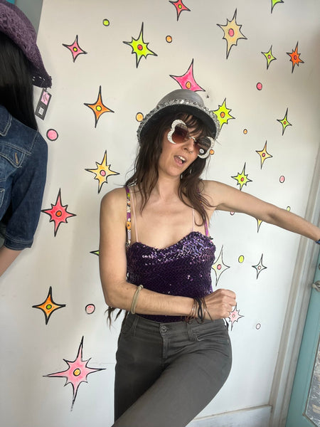 Vintage Dance Costume | Purple Sequin Showgirl Burlesque Circus Leotard Playsuit