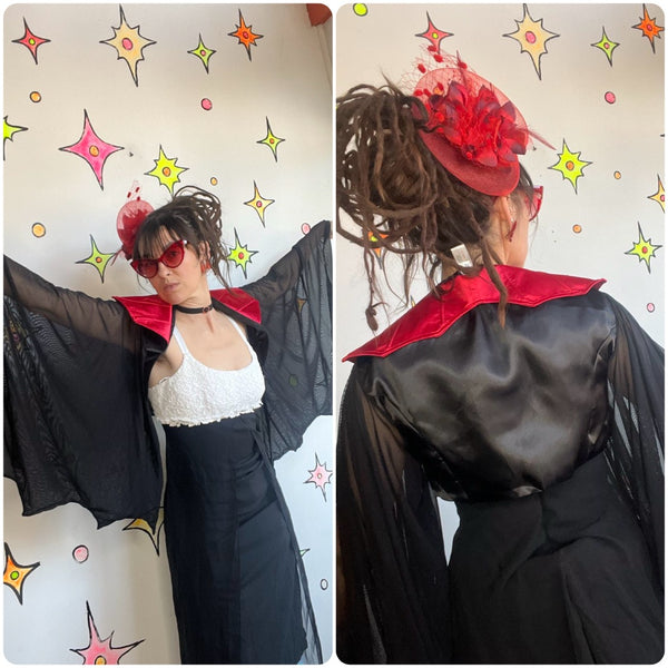 Vampire Cape with Stand Up Red Collar – Black Sheer Bat Sleeves Goth Cosplay XL