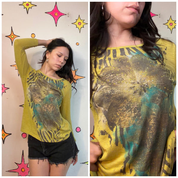 Y2K Chartreuse Zebra Print Tee | McBling Glam Animal Print Top Small