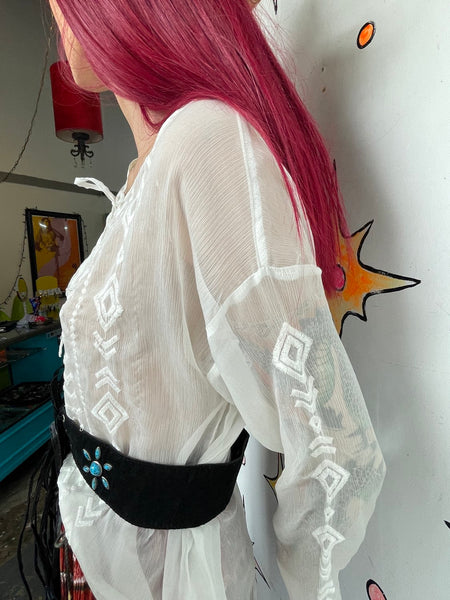 White Sheer Western Boho Embroidered Blouse Top Oversized Layering Piece XL