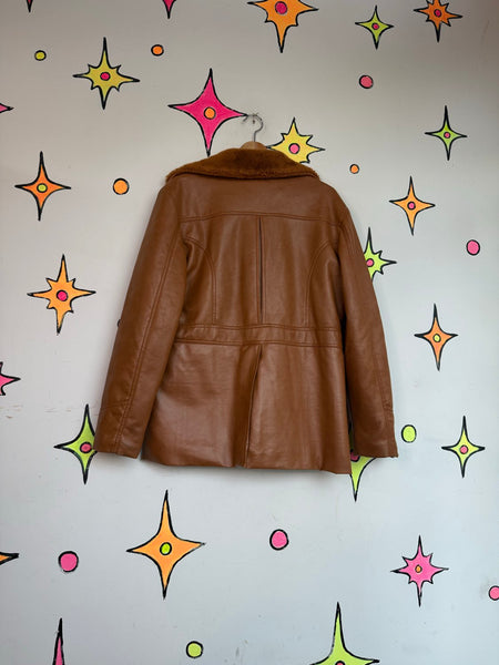 Vintage 70s Vinyl Sherpa Coat Faux Fur Penny Lane Jacket Boho Hippie Retro XL