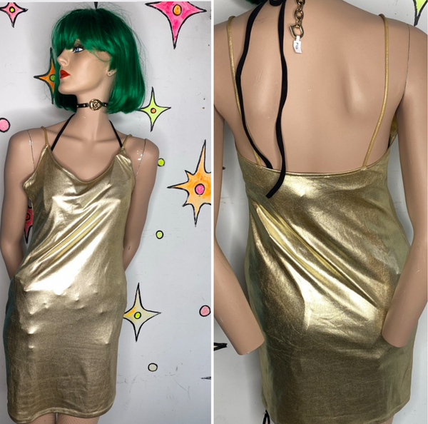 Y2K Gold Retro Metallic Mini Dress Disco / retro 80s Galactic Glam Party Dress L