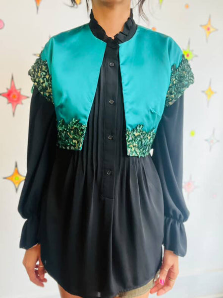 Vintage 40s Green Satin Sequined Cropped Bolero – Circus Costume Jacket – XS