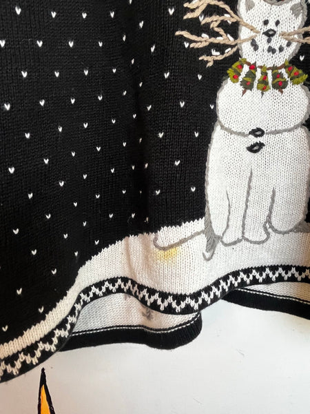 80s Quacker Factory Christmas Sweater Tacky Ugly Christmas Cat Snowman Tree M