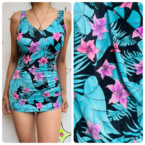 Vintage 70s 80s One-Piece Swimsuit – Colorful Hawaiian Floral Print – 12 / L