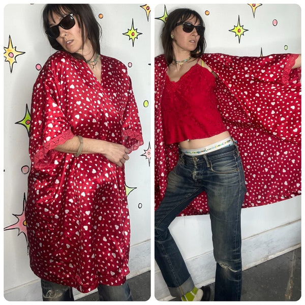 Vintage 90s Y2K Silky Red Hearts Satin Robe Fairy Grunge XL+
