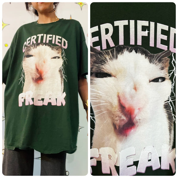 90s Y2K Certified Freak Kitty Cat Funny Graphic Tee Green 2XL