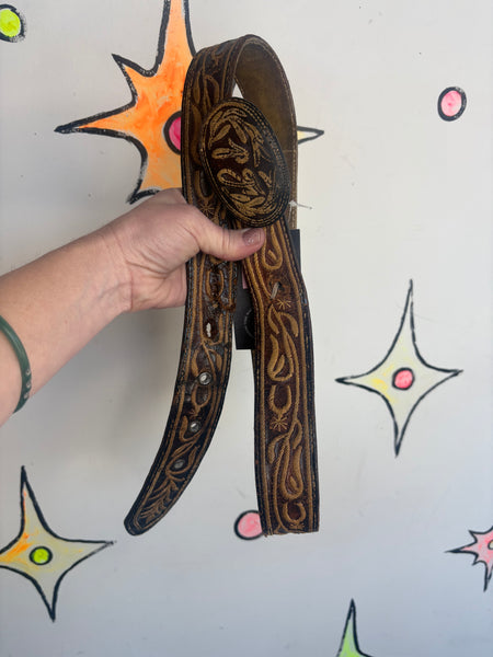 Vintage Western Cowgirl Grunge Boho Brown Tooled Leather Belt 36-38" Waist