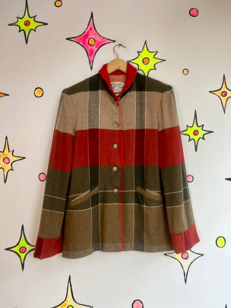 Vintage 80s Red & Green Tartan Plaid Wool Christmas Holiday Preppy Blazer – S