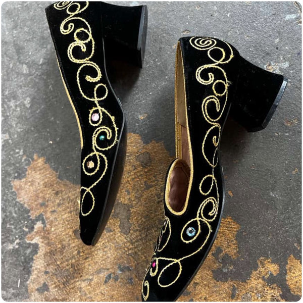 Vintage 80s Rainbow Jeweled Party Loafers - Regal Velvet Statement Pumps - 7.5/8