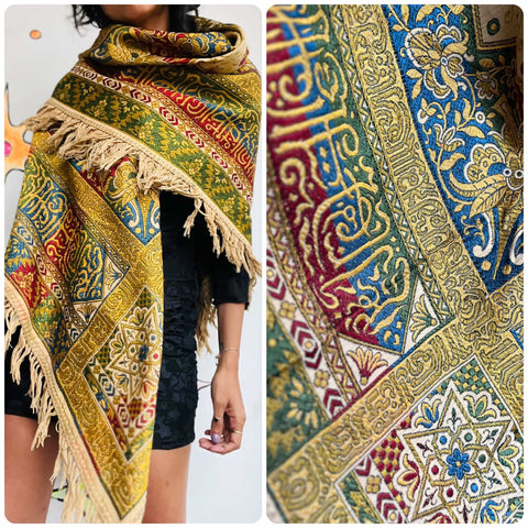 Antique Islamic Silk Tapestry or Shawl - Ornate Woven Textile with Fringe