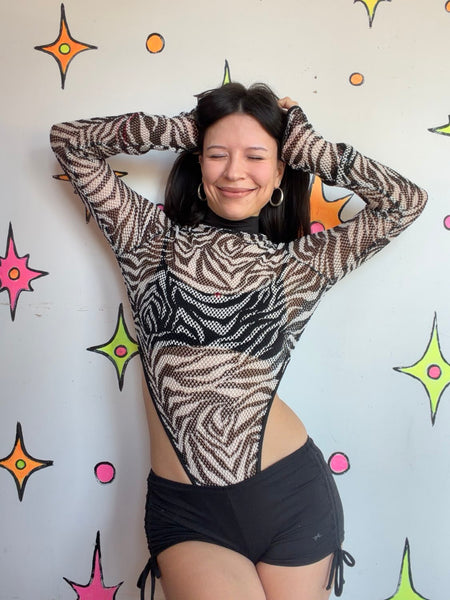 Y2K Sheer Zebra Mesh Bodysuit Cyber Grunge Animal Print | M/L