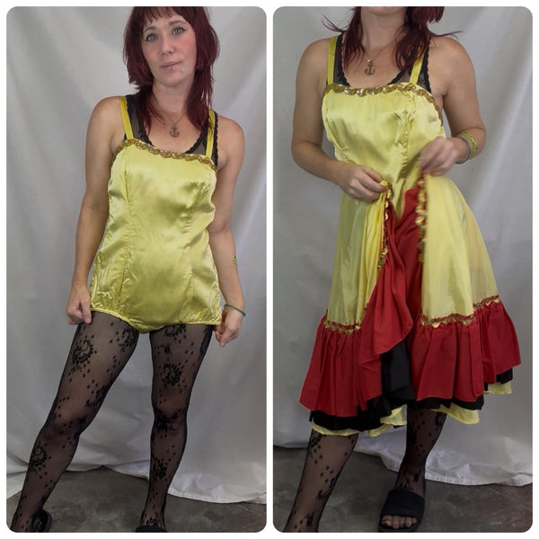Vintage 2 Pc Clown Circus Dance Showgirl Costume Sequin Leotard + Skirt Cape - S