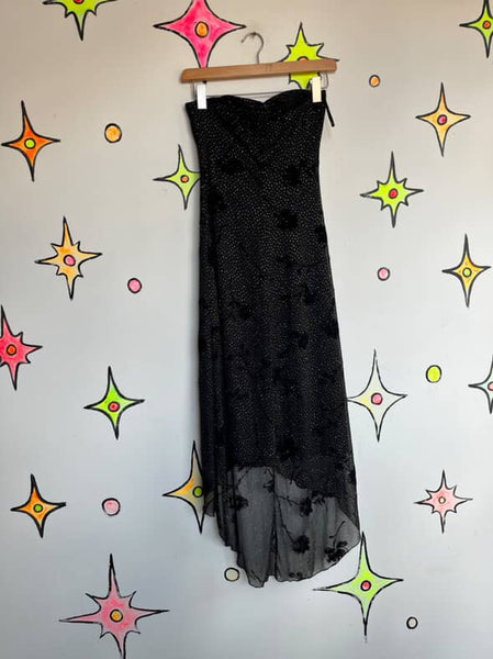 90s Y2K Black Glitter Strapless Fairy Goth Dress - Asymetric Hem Slip - Small