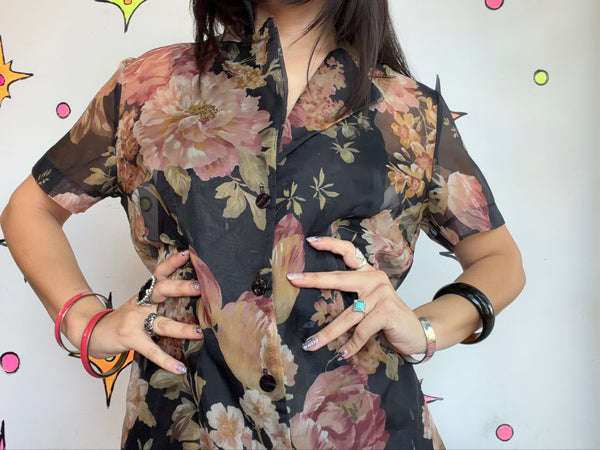 90s Vintage Black Floral Sheer Mini Dress Whimsigoth Fairy Grunge | M