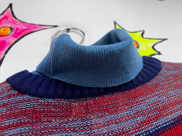 Vintage 70s Blue Turtleneck Striped Pullover Sweater Chunky Grunge Boho Retro S