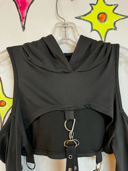 Y2K Black Goth Vixen Vamp Punk Metal Bondage Harness Crop Top Hoodie M