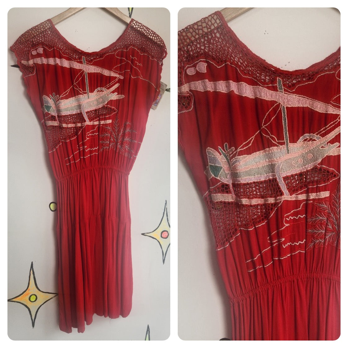 Vintage 70s | Red Cotton Embellished Bohemian Dress Muumuu Cover Up