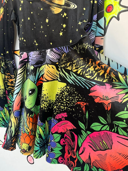 Black Velvet Alien Neon Scene Mini Dress - Bell Sleeves Rave Festival Hippie L