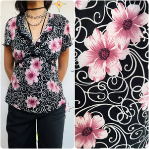 Y2K Black Fairy Grunge Top – Coquette Whimsy Goth Stretchy Floral Blouse – XL
