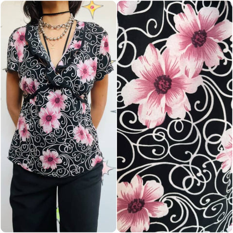 Y2K Black Fairy Grunge Top – Coquette Whimsy Goth Stretchy Floral Blouse – XL
