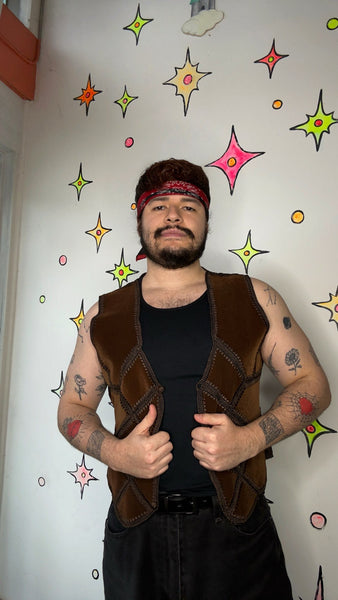 Vintage Brown Western Embroidered Vest | Crochet Panel Vegan Suede Boho Grunge L