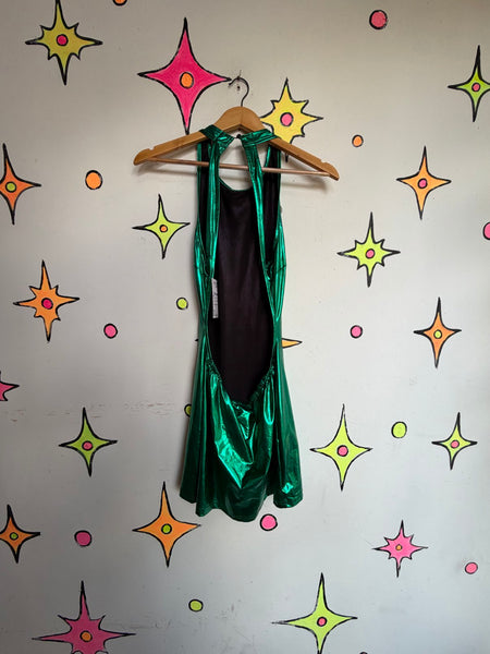 Y2K Green Metallic Galactic Bodycon Mini Dress Futuristic Clubwear Disco Glam SM